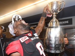 Ottawa Redblacks wide receiver Ernest Jackson celebrates his team's Grey Cup win over the Calgary Stampeders. Jackson made the big catch on Sunday to win it, and Tony Gabriel, the player who had the winning reception 40 years ago, was thrilled to see the Redblacks come through in OT.