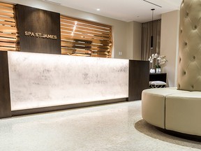 A bright reception area featuring a desk faced with Charlevoix quartz from the Turner family’s mine greets customers when they first arrive at Spa St. James.