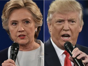 (FILES) This file  combination of pictures created on October 9, 2016 shows Democratic presidential nominee Hillary Clinton and Republican presidential nominee Donald Trump during the second presidential debate.