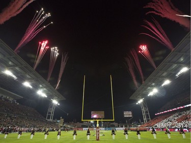 Fireworks go off over BMO Field before the 104th CFL Grey Cup game, Sunday, November 27, 2016 in Toronto.