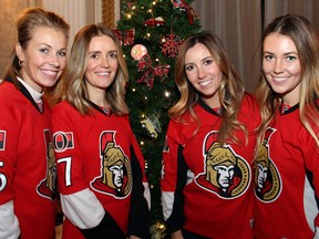 From left, Ottawa Senators wives Jess MacArthur (married to Clarke MacArthur), Julie Turris (married to Kyle Turris), Tara Borowiecki (married to Mark Borowiecki), and Britt Brodziak (engaged to Zack Smith) helped to decorate a tree on behalf of the Ottawa Senators Foundation at the Fairmont Ch‚teau Laurier's annual Trees of Hope for CHEO lighting ceremony and silent auction, held Monday, November 28, 2016. =