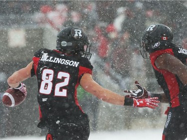 Greg Ellingson of the Ottawa Redblacks celebrates his touchdown with Ernest Jackson against the Edmonton Eskimos during first half of the CFL's East Division Final held at TD Place in Ottawa, November 20, 2016.  Photo by Jean Levac  ORG XMIT: 125313