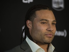 Ottawa Redblack's Kienan Lafrance speaks at a press conference after arriving in Toronto on Tuesday, November 22, 2016, ahead of the CFL final to be held in Toronto on Sunday.