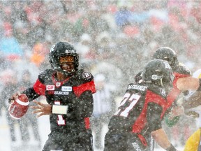 Henry Burris of the Ottawa Redblacks throws against the Edmonton Eskimos during first half of the CFL's East Division Final held at TD Place in Ottawa, November 20, 2016.