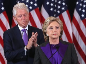 Former Secretary of State Hillary Clinton, accompanied by her husband former President Bill Clinton, concedes the presidential election on Wednesday.