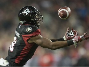 Ottawa Redblacks wide receiver Ernest Jackson (9) catches a touchdown pass during overtime CFL Grey Cup action Sunday, November 27, 2016 in Toronto.