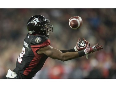 Ottawa Redblacks wide receiver Ernest Jackson (9) catches a touchdown pass during overtime CFL Grey Cup action Sunday, November 27, 2016 in Toronto.