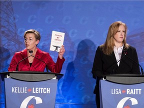 Conservative leadership candidate Kellie Leitch, left, speaks during the Conservative leadership debate in Saskatoon Wednesday. It appears Donald Trump has his adherents among some leadership contenders.