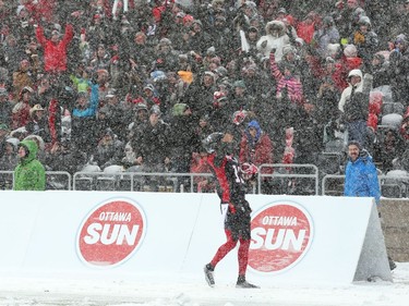 Khalil Paden of the Ottawa Redblacks celebrates with touchdown against the Edmonton Eskimos during first half of the CFL's East Division Final held at TD Place in Ottawa, November 20, 2016.  Photo by Jean Levac  ORG XMIT: 125313