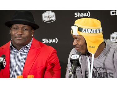 The Edmonton Eskimos' Almondo Sewell, left, and Odell Willis spoke at a press conference at TD Place a day ahead of the East final.