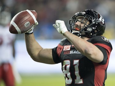 Ottawa Redblacks running back Patrick Lavoie (81) celebrates his touchdown during second quarter CFL Grey Cup action Sunday, November 27, 2016 in Toronto.