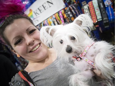 Marie Eve Lussier and Mady, her one year old Chinese crested dog at the Ottawa Pet Expo at the EY Centre Sunday November 13, 2016.  Ashley Fraser/Postmedia