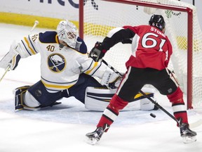 Buffalo Sabres goalie Robin Lehner stops Ottawa Senators winger Mark Stone from scoring during the second period on Saturday, Nov. 5, 2016 at the Canadian Tire Centre.