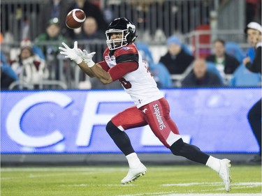 Calgary Stampeders slotback Marquay McDaniel catches a ball against the Ottawa Redblacks during first quarter CFL Grey Cup action Sunday, November 27, 2016 in Toronto.