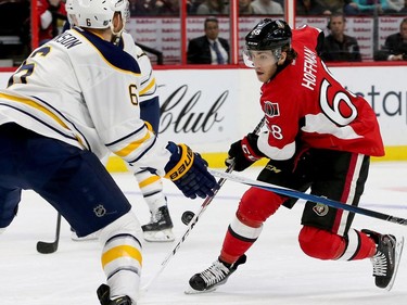 Mike Hoffman approaching Buffalo's net with the puck during third-period action between the Ottawa Senators and the Buffalo Sabres Tuesday (Nov. 29, 2016) at the Canadian Tire Centre in Ottawa. Despite a hat trick from Ottawa's Mike Hoffman, Buffalo still beat the Sens 5-4. Julie Oliver/Postmedia