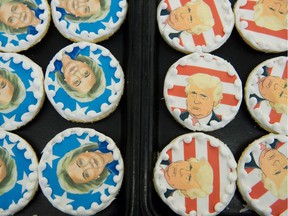 OAKMONT, PA - NOVEMBER 8: Donald Trump and Hillary Clinton cookies are on sale at the Oakmont Bakery on November 8, 2016 in Oakmont, Pennsylvania.  Trump leads the cookie-purchase tally with 63% of the purchases, with a total of 2609 Trump cookies and 1512 Hillary cookies sold as of election day as Americans go to the polls to decide on their next president.