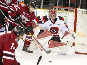 Ottawa 67's goalie Leo Lazarev makes a save against the Guelph Storm at the TD Place arena on Saturday, Nov. 5, 2016.