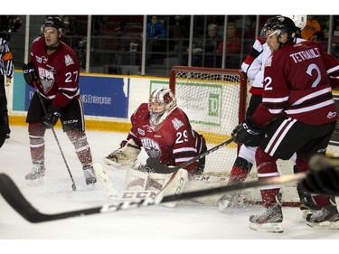 Storm goalie Liam Herbst gets ready to make a save against the 67's.