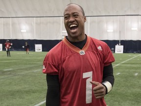 Ottawa Redblacks quarterback Henry Burris lets out a laugh at practice for the 104th Grey Cup in Toronto on Wednesday, November 23, 2016.