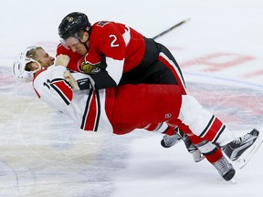 Ottawa Senators defenseman Dion Phaneuf (2) fights Carolina Hurricanes center Jordan Staal (11) during NHL hockey action at Canadian Tire Centre in Ottawa on Tuesday November 1, 2016. Errol McGihon/Postmedia