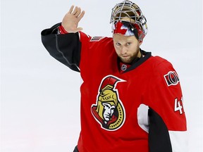 Ottawa Senators goalie Craig Anderson (41) acknowledges the crowd as he was announced as the  Molson Star of the month for October at Canadian Tire Centre before taking on the Carolina Hurricanes on Tuesday November 1, 2016.