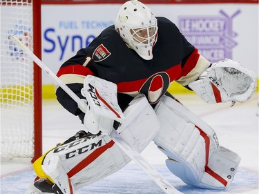 Ottawa Senators goalie Mike Condon (1) in his first game with his new team against the Vancouver Canucks at Canadian Tire Centre in Ottawa on Thursday November 3, 2016.