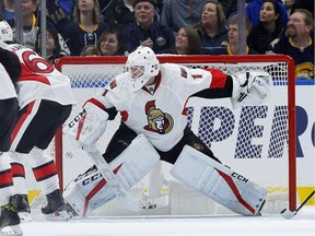 Mike Condon #1 of the Ottawa Senators protects the net during the first period against the Buffalo Sabres at the KeyBank Center on November 9, 2016 in Buffalo, New York.