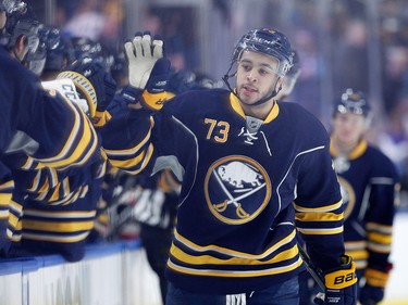 Nicholas Baptiste #73 of the Buffalo Sabres celebrates after scoring a goal on the Ottawa Senators during the first period at the KeyBank Center on November 9, 2016 in Buffalo, New York.