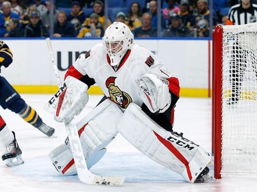 Mike Condon #1 of the Ottawa Senators tends net during the second period against the Buffalo Sabres at the KeyBank Center on November 9, 2016 in Buffalo, New York.