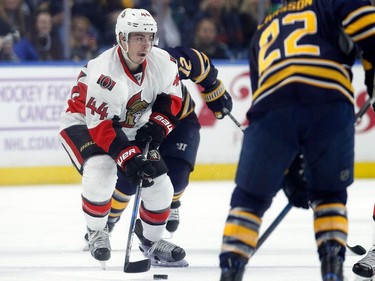 Jean-Gabriel Pageau #44 of the Ottawa Senators with the puck during the first period against the Buffalo Sabres at the KeyBank Center on November 9, 2016 in Buffalo, New York.