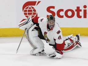 Ottawa's goaltender Craig Anderson (41) is seen during warmup before a NHL game between the Edmonton Oilers and the Ottawa Senators at Rogers Place in Edmonton, Alberta on Sunday, October 30, 2016.