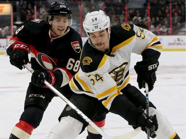 Ottawa's Mike Hoffman (left) wrestles for the puck with Boston's Adam McQuaid during second-period action of the Ottawa Senators matchup against the Boston Bruins Thursday (Nov.4, 2016) at Canadian Tire Centre in Ottawa.