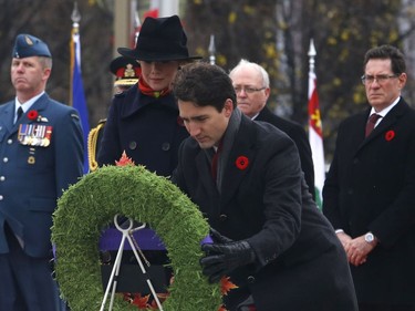 Prime Minister Justin Trudeau an his wife Sophie Grégoire Trudeau lay a wreath during Remembrance Day ceremonies at the War Memorial in Ottawa on Friday, November 11, 2016.