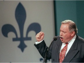 Quebec Premier Jacques Parizeau gestures during his speech to Yes supporters after losing the referendum in Montreal Monday night, Oct. 30, 1995. The separatist side lost by the narrowest of margins.