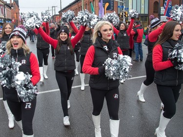 Redblack Cheerleaders make their way down Bank St as the Ottawa Redblacks celebrate their Grey Cup victory with a parade down Bank St and a celebration at Lansdowne Park.
