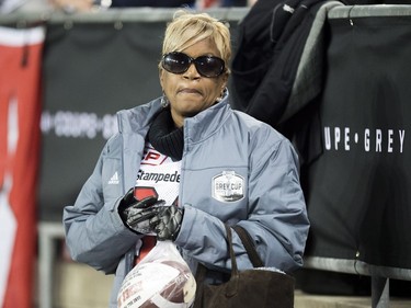 Renee Hill, mother of Mylan Hicks, looks on during first quarter CFL Grey Cup football action between the Calgary Stampeders and Ottawa Redblacks on Sunday, November 27, 2016 in Toronto. Calgary Stampeders' Mylan Hicks was shot and killed outside a Calgary bar in September at the tender age of 23.