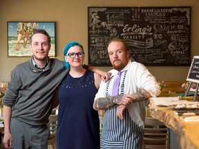 Erling’s Variety owner Liam Vainola, left, head server Steph Christie and chef Justin Way are gearing up for the holidays. The Glebe’s Strathcona Avenue eatery is celebrating its third anniversary Dec. 6.