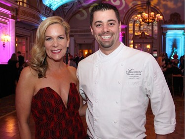 Taryn Gunnlaugson, chair of the Snowsuit Fund board, with Fairmont Chateau Laurier executive chef Louis Simard at the Canadian Tire Snowsuit Fund Gala held Saturday, November 12, 2016.