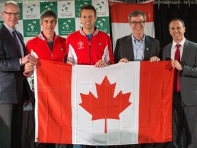 Tennis Canada announced on Wednesday that the Arena at TD Place will play host to the upcoming Davis Cup first-round tie between Canada and Great Britain, February 3-5, 2017. On hand for the announcement were Bernie Ashe, CEO, Ottawa Sports and Entertainment Group, (from left), Martin Laurendeau, Canadian Davis Cup Captain, Daniel Nestor, eight-time Grand Slam doubles champion, Mayor Jim Watson, Mayor of Ottawa, and Gavin Ziv, VP, Professional and National Events, Tennis Canada.