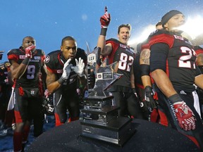 The Ottawa Redblacks celebrate their team's CFL's East Division Final victory against the Edmonton Eskimos during second half of the held at TD Place in Ottawa, November 20, 2016.