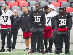Keelan Johnson (15) stands on the sidelines at a Redblacks walkthrough practice on Saturday, Nov. 19, 2016. Johnson hopes to get in another big hit in the East final against Edmonton.