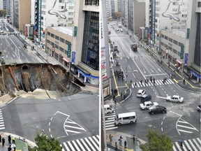 This combination of two photos show a Nov. 8, 2016 file photo, left, of a sinkhole on a road, and the road after restoration, in Fukuoka, southern Japan Tuesday, Nov. 15, 2016. The road reopened Tuesday after the massive sinkhole was filled with soil. (Kyodo News via AP) ORG XMIT: TKMY801