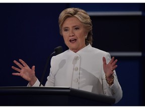 Democratic presidential nominee Hillary Clinton speaks during the third and final US presidential debate with Republican nominee Donald Trump at the Thomas & Mack Center on the campus of the University of Las Vegas in Las Vegas, Nevada on October 19, 2016. /