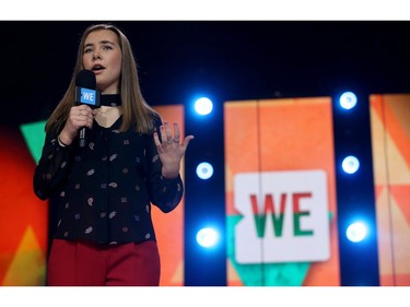 Over 16,000 students and educators gathered for We Day at Canadian Tire Centre in Ottawa Wednesday Nov 9, 2016. Clare Morneau, 17-year old author of Kakula Girls, speaks at  We Day Wednesday.