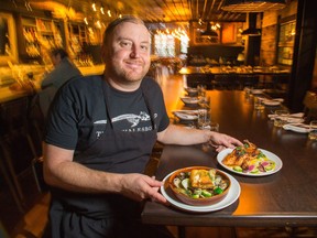 Whalesbone chef Michael Radford with two of his dishes, Ling Cod and Cornish Hen.