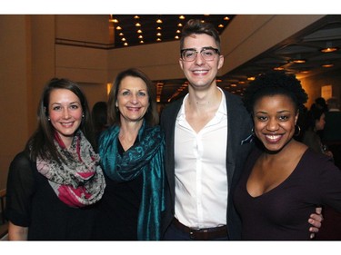 A Christmas Carol cast member Charles Douglas (Fred) with, from left, his sister Merryn Douglas, mother Carol Theoret-Douglas and fellow cast member Bénédicte Bélizaire (Mrs. Fred) at the National Arts Centre on Friday, December 16, 2016,  for the opening night of the holiday classic.