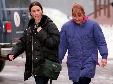 Alanis Morissette leaves with her mother Georgia from the Shepherds of Good Hope on Murray St. in the Market area of Ottawa. Alanis, going under the name "Lani", volunteered over the lunch hour with her mother and aunt.