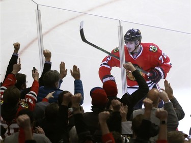 Chicago Blackhawks' Artemi Panarin celebrates his goal during the first period of an NHL hockey game against the Ottawa Senators, Tuesday, Dec. 20, 2016, in Chicago.