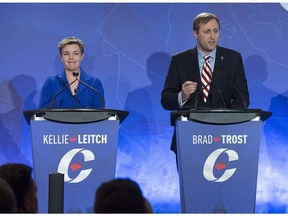 Brad Trost, right, and Kellie Leitch participate in the Conservative leadership candidates' bilingual debate in Moncton, N.B. on Tuesday, Dec. 6, 2016.