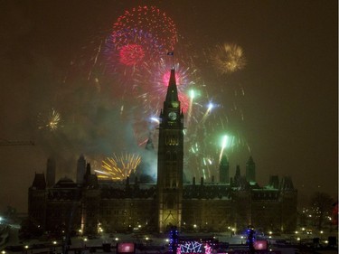 Fireworks explode over Parliament Hill to celebrate New Year's Eve and Canada's 150th anniversary of Confederation on Parliament Hill in Ottawa, Saturday, December 31, 2016.